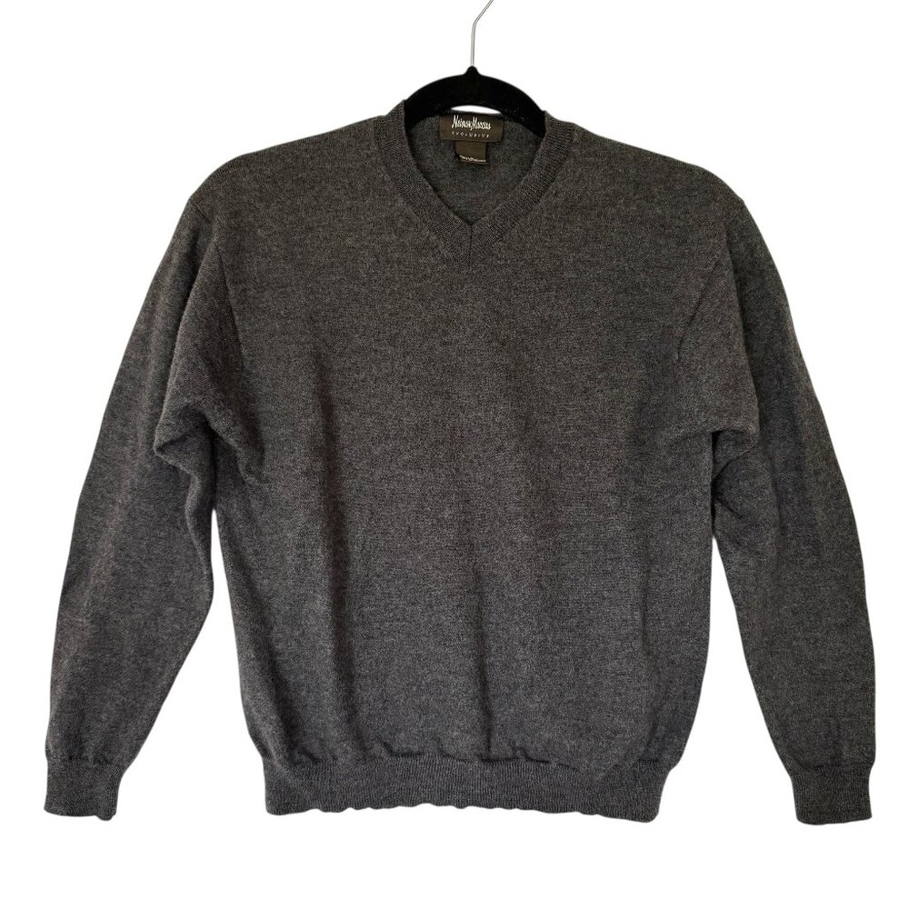Vintage Neiman Marcus Dark Heather Grey 100% Merino Wool V-Neck Sweater XS